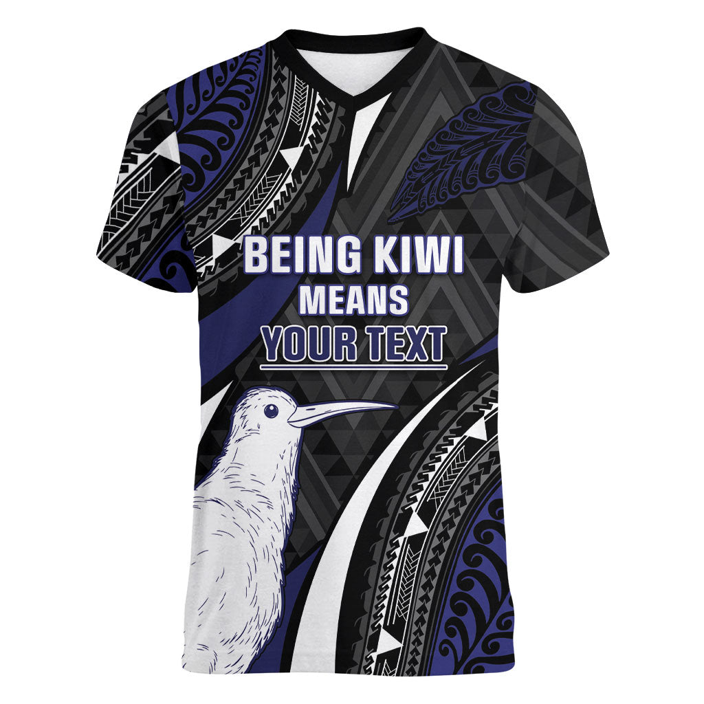 Personalised New Zealand Kiwi Women V-Neck T-Shirt Silver Fern Tribal Pattern DT05 Female Navy - Polynesian Pride