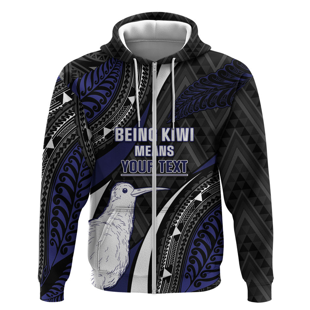 Personalised New Zealand Kiwi Zip Hoodie Silver Fern Tribal Pattern DT05 Zip Hoodie Navy - Polynesian Pride