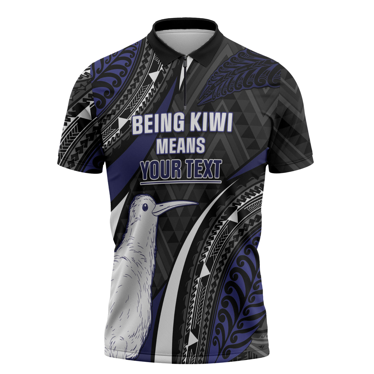 Personalised New Zealand Kiwi Zipper Polo Shirt Silver Fern Tribal Pattern DT05 Navy - Polynesian Pride