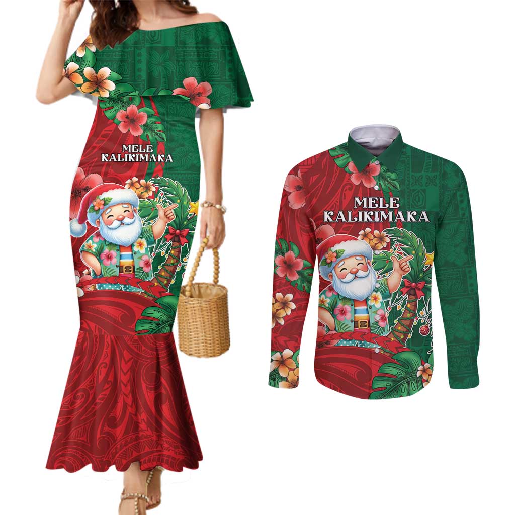 Hawaii Christmas Couples Matching Mermaid Dress and Long Sleeve Button Shirt Mele Kalikimaka Funny Hawaiian Santa - Polynesian Pride