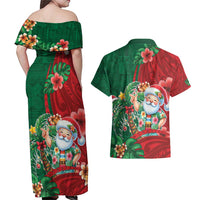Hawaii Christmas Couples Matching Off Shoulder Maxi Dress and Hawaiian Shirt Mele Kalikimaka Funny Hawaiian Santa - Polynesian Pride