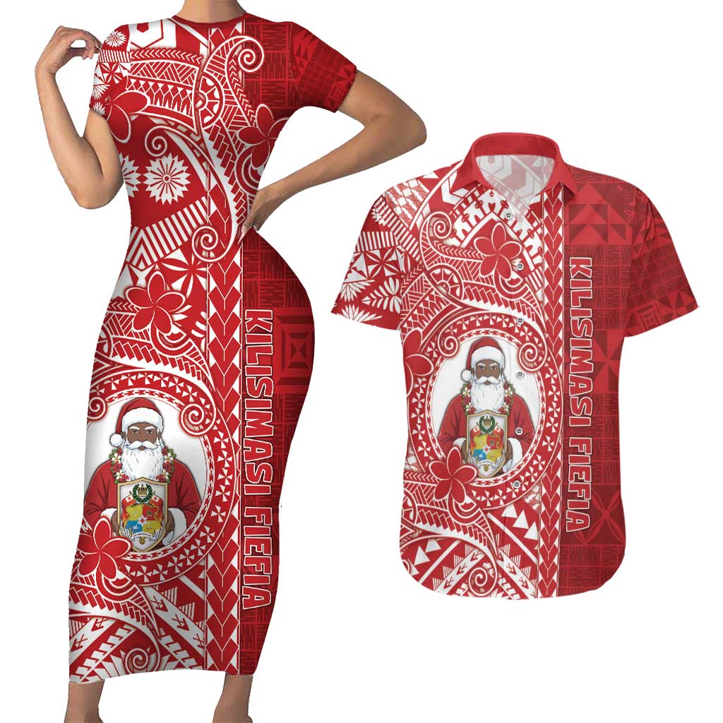 Tonga Christmas Couples Matching Short Sleeve Bodycon Dress and Hawaiian Shirt Kilisimasi Fiefia - Polynesian Pride