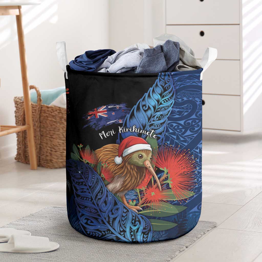 New Zealand Christmas Laundry Basket Santa Kiwi Bird With Pohutukawa Flowers - Polynesian Pride