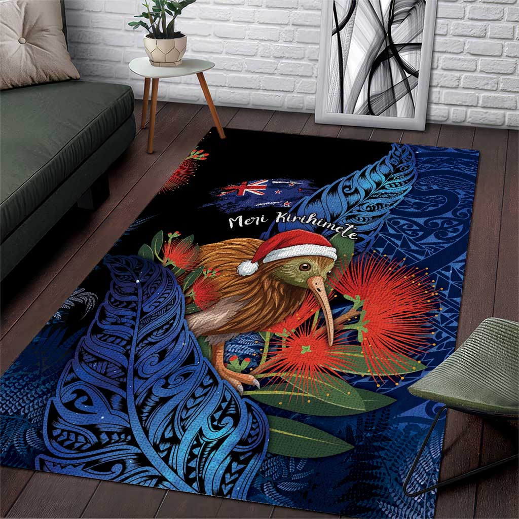 New Zealand Christmas Area Rug Santa Kiwi Bird With Pohutukawa Flowers - Polynesian Pride
