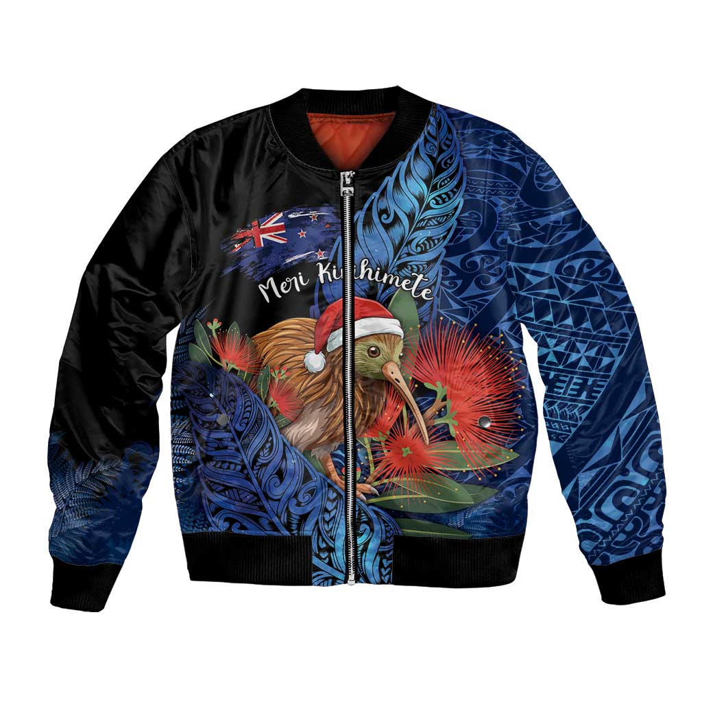 Personalised New Zealand Christmas Bomber Jacket Santa Kiwi Bird With Pohutukawa Flowers - Polynesian Pride