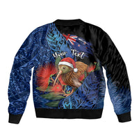 Personalised New Zealand Christmas Bomber Jacket Santa Kiwi Bird With Pohutukawa Flowers - Polynesian Pride