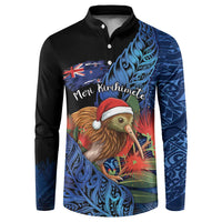Personalised New Zealand Christmas Button Sweatshirt Santa Kiwi Bird With Pohutukawa Flowers - Polynesian Pride