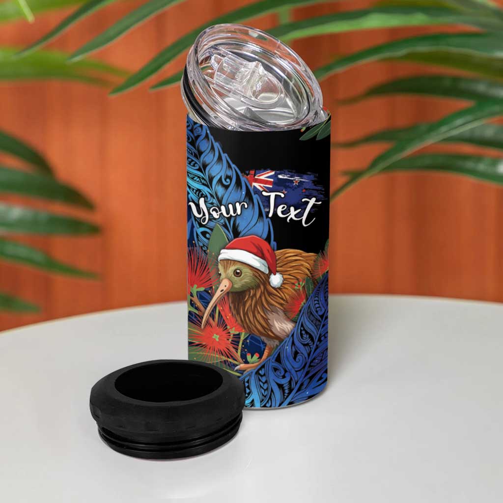Personalised New Zealand Christmas 4 in 1 Can Cooler Tumbler Santa Kiwi Bird With Pohutukawa Flowers - Polynesian Pride