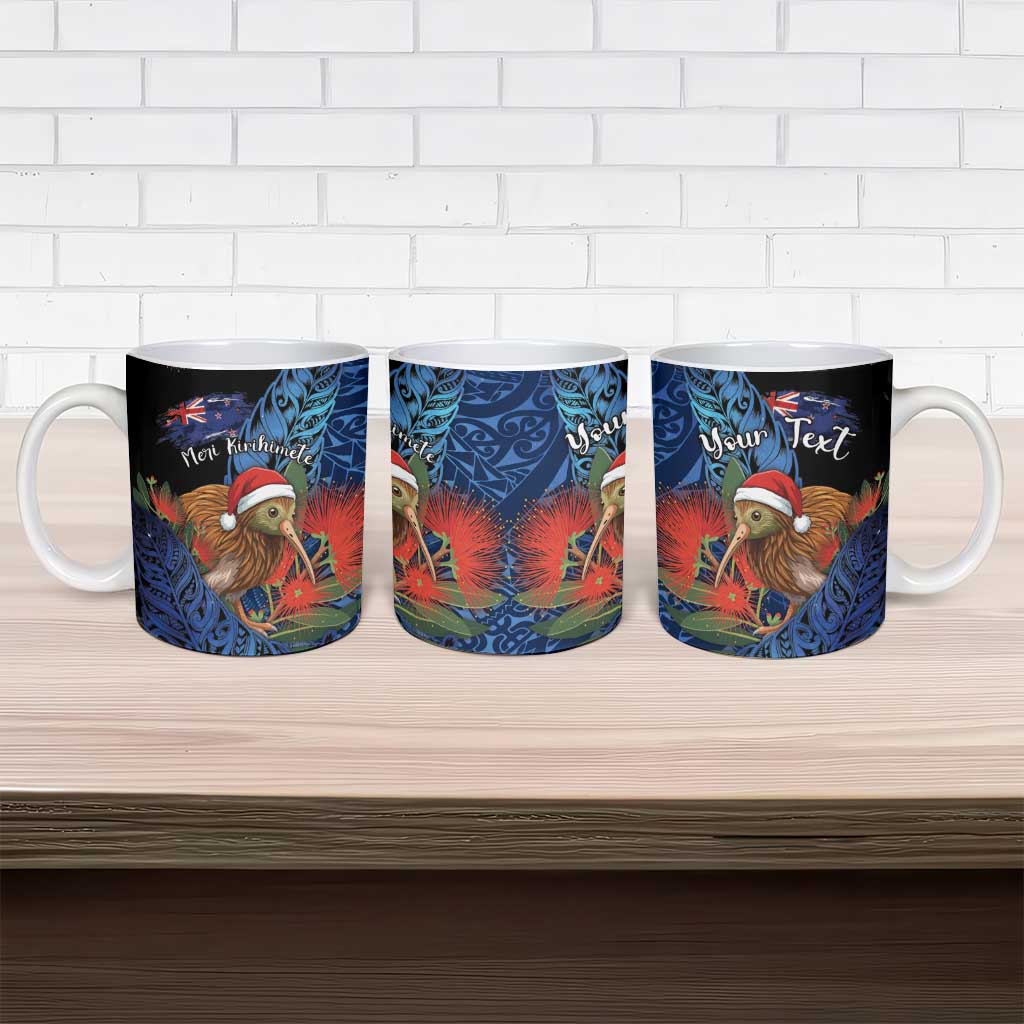 Personalised New Zealand Christmas Ceramic Mug Santa Kiwi Bird With Pohutukawa Flowers - Polynesian Pride