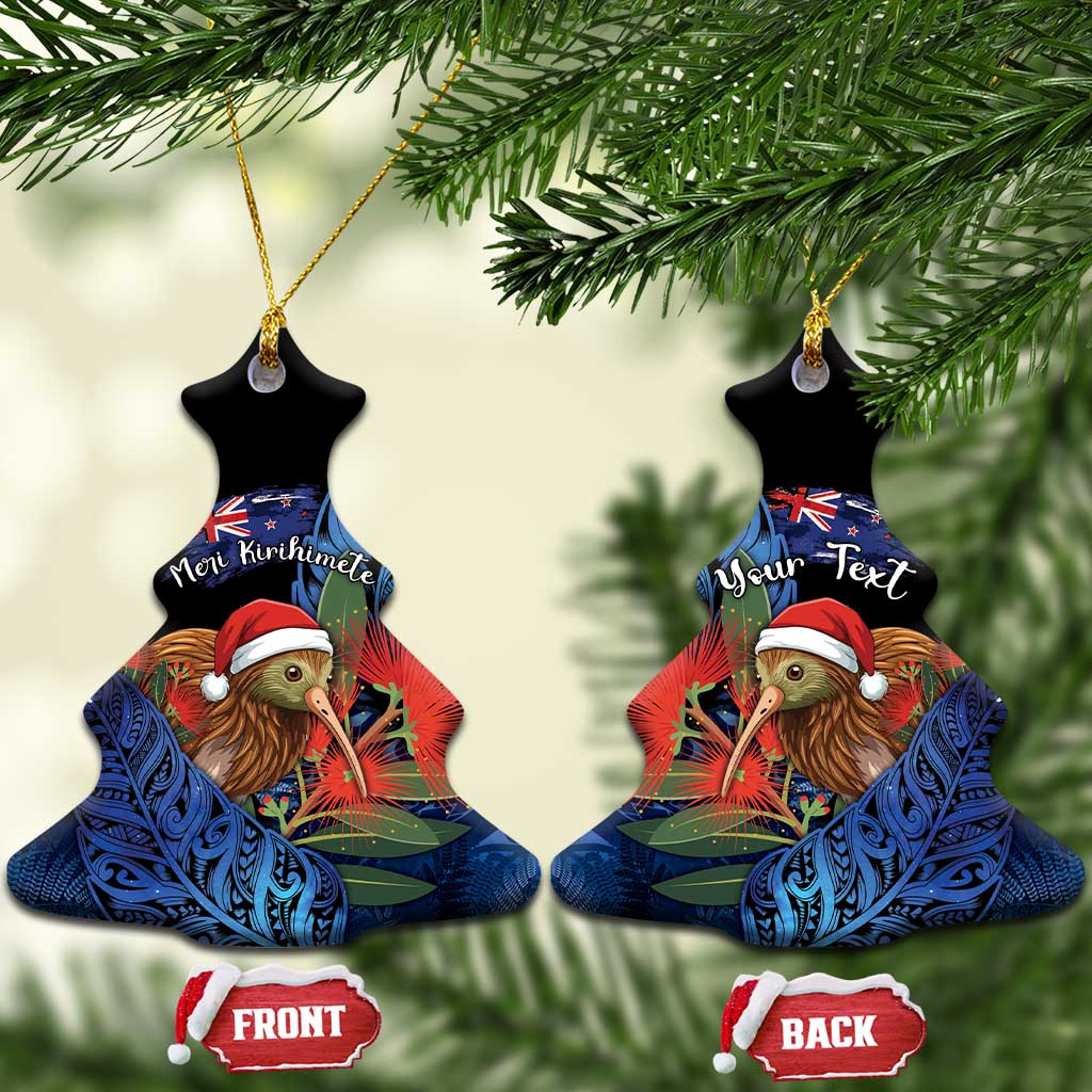 Personalised New Zealand Christmas Ceramic Ornament Santa Kiwi Bird With Pohutukawa Flowers - Polynesian Pride