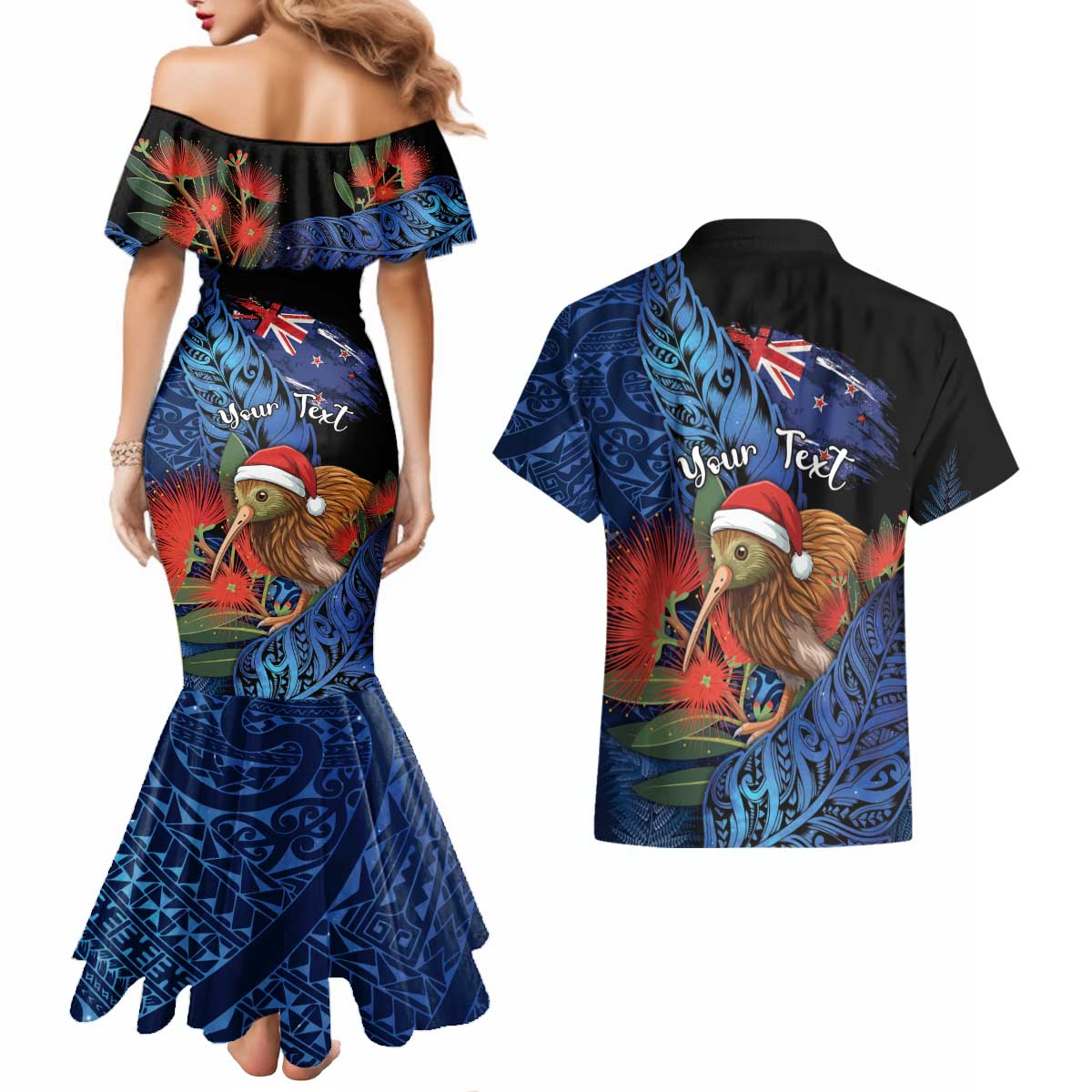 Personalised New Zealand Christmas Couples Matching Mermaid Dress and Hawaiian Shirt Santa Kiwi Bird With Pohutukawa Flowers - Polynesian Pride
