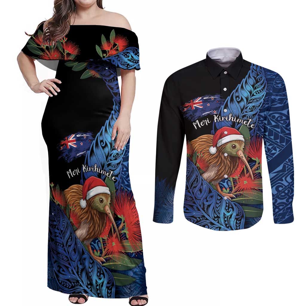 Personalised New Zealand Christmas Couples Matching Off Shoulder Maxi Dress and Long Sleeve Button Shirt Santa Kiwi Bird With Pohutukawa Flowers - Polynesian Pride