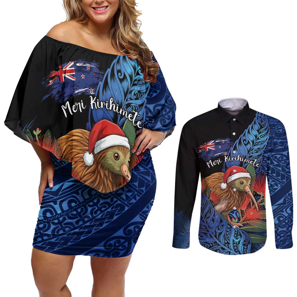 Personalised New Zealand Christmas Couples Matching Off Shoulder Short Dress and Long Sleeve Button Shirt Santa Kiwi Bird With Pohutukawa Flowers - Polynesian Pride