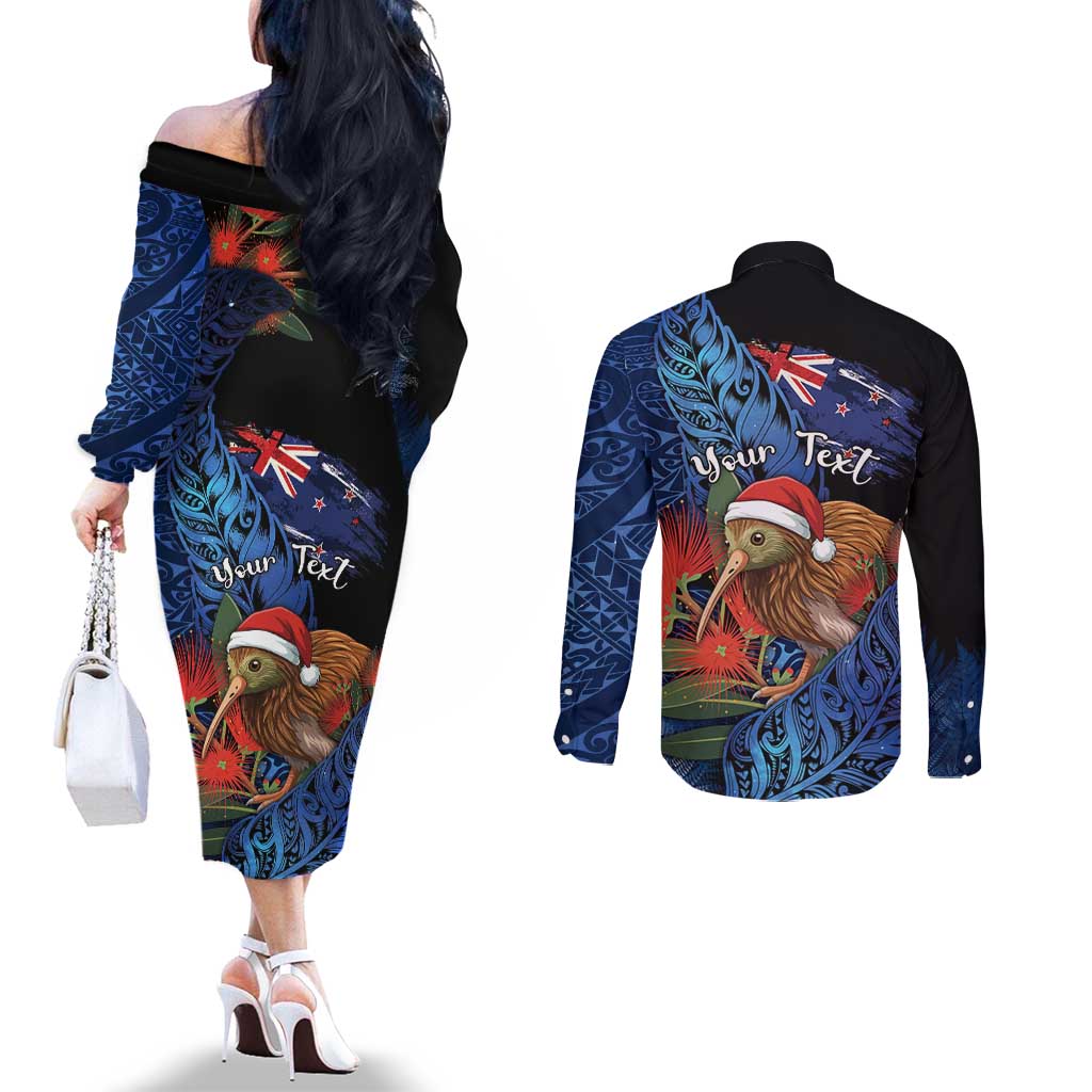 Personalised New Zealand Christmas Couples Matching Off The Shoulder Long Sleeve Dress and Long Sleeve Button Shirt Santa Kiwi Bird With Pohutukawa Flowers - Polynesian Pride