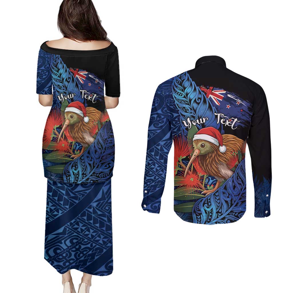 Personalised New Zealand Christmas Couples Matching Puletasi and Long Sleeve Button Shirt Santa Kiwi Bird With Pohutukawa Flowers - Polynesian Pride