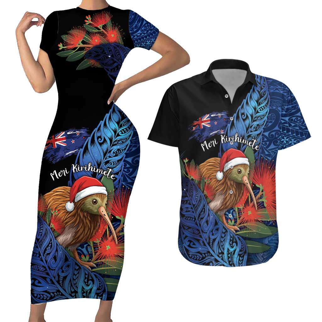 Personalised New Zealand Christmas Couples Matching Short Sleeve Bodycon Dress and Hawaiian Shirt Santa Kiwi Bird With Pohutukawa Flowers - Polynesian Pride