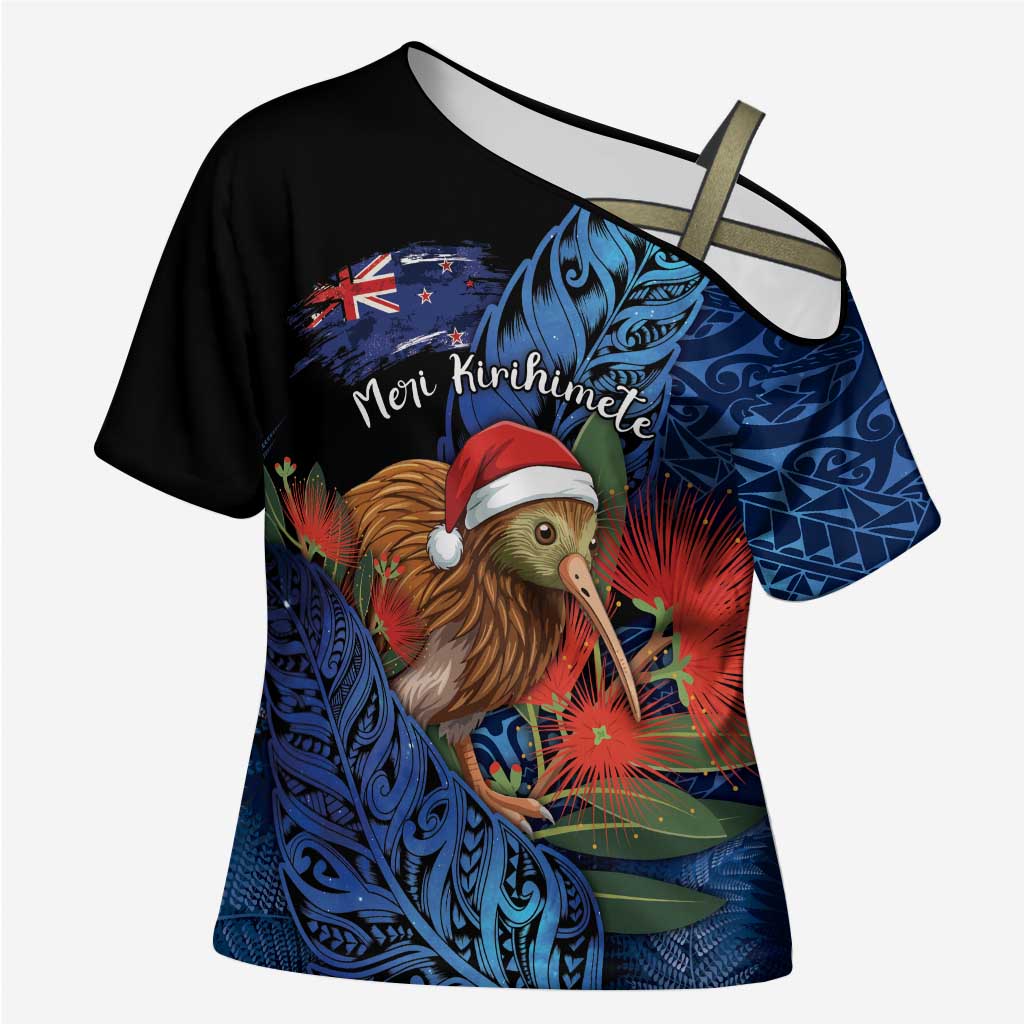 Personalised New Zealand Christmas Cross Shoulder Shirt Santa Kiwi Bird With Pohutukawa Flowers - Polynesian Pride