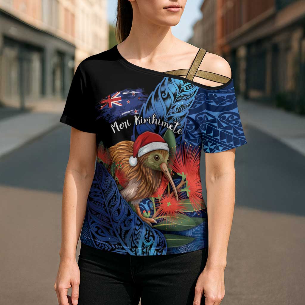 Personalised New Zealand Christmas Cross Shoulder Shirt Santa Kiwi Bird With Pohutukawa Flowers - Polynesian Pride