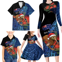 Personalised New Zealand Christmas Family Matching Long Sleeve Bodycon Dress and Hawaiian Shirt Santa Kiwi Bird With Pohutukawa Flowers - Polynesian Pride