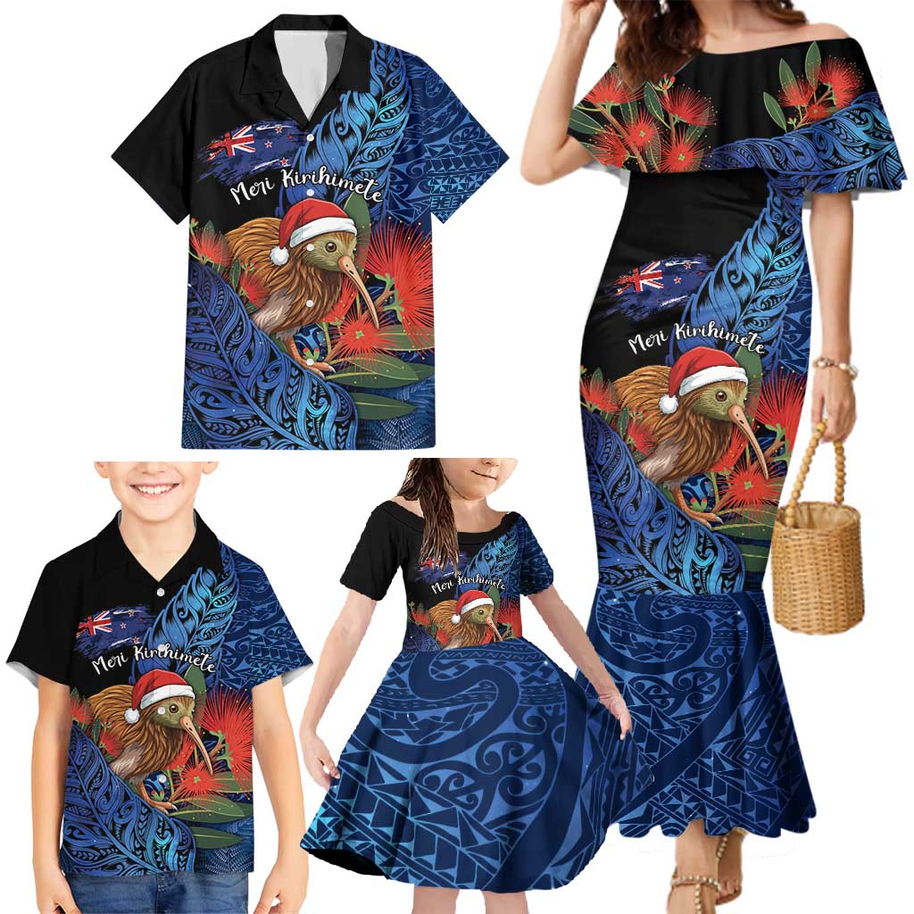 Personalised New Zealand Christmas Family Matching Mermaid Dress and Hawaiian Shirt Santa Kiwi Bird With Pohutukawa Flowers - Polynesian Pride