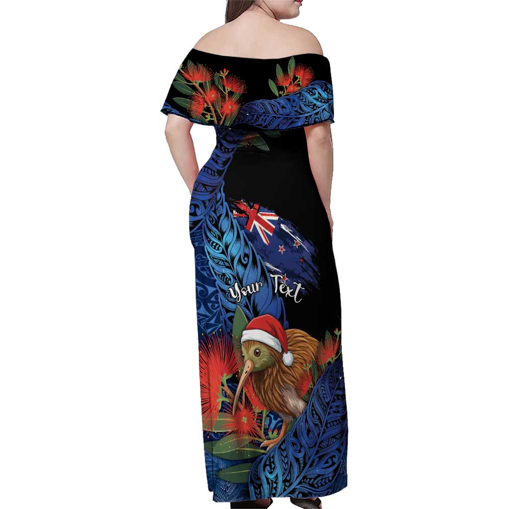 Personalised New Zealand Christmas Family Matching Off Shoulder Maxi Dress and Hawaiian Shirt Santa Kiwi Bird With Pohutukawa Flowers - Polynesian Pride