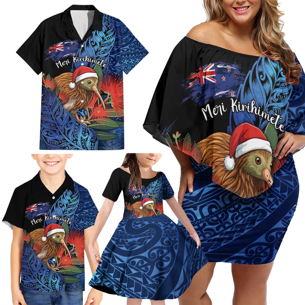 Personalised New Zealand Christmas Family Matching Off Shoulder Short Dress and Hawaiian Shirt Santa Kiwi Bird With Pohutukawa Flowers - Polynesian Pride
