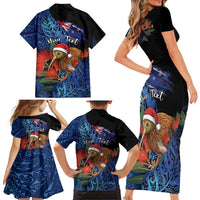 Personalised New Zealand Christmas Family Matching Short Sleeve Bodycon Dress and Hawaiian Shirt Santa Kiwi Bird With Pohutukawa Flowers - Polynesian Pride