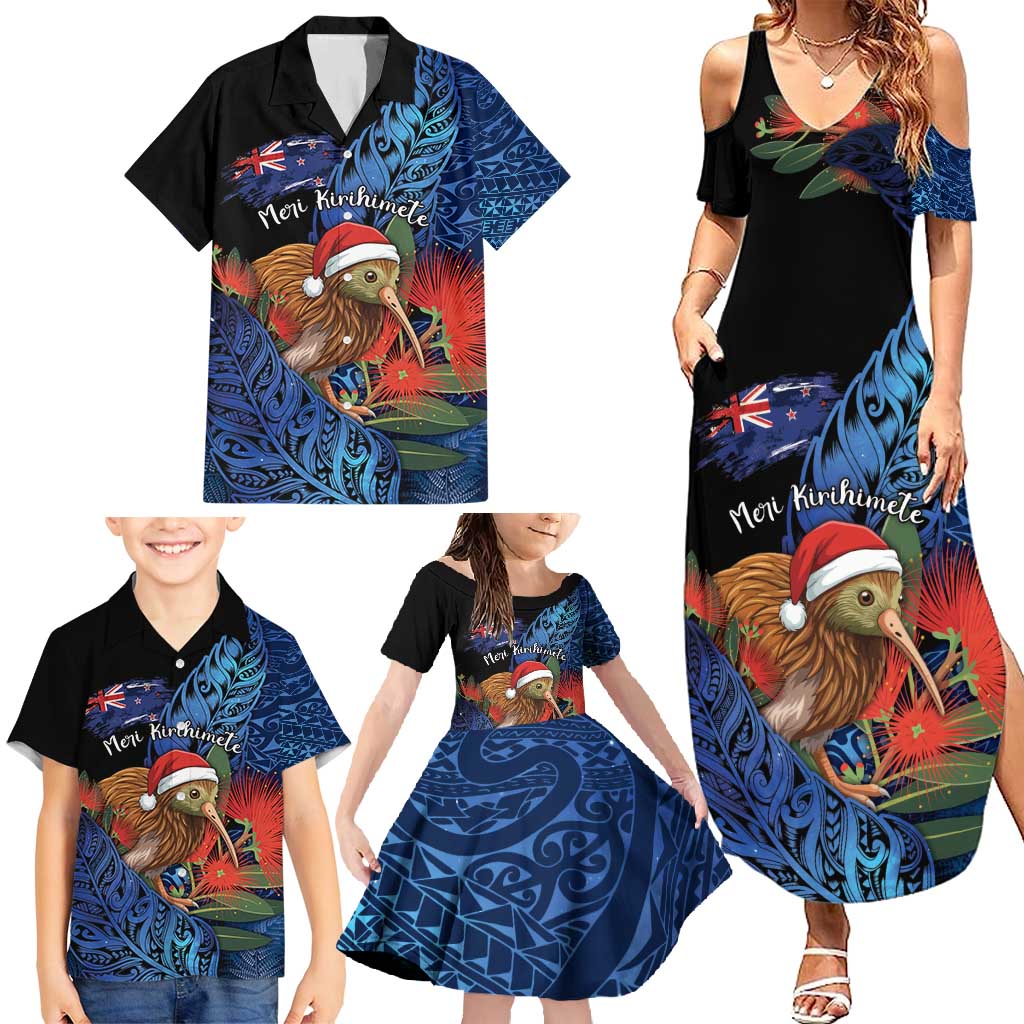 Personalised New Zealand Christmas Family Matching Summer Maxi Dress and Hawaiian Shirt Santa Kiwi Bird With Pohutukawa Flowers - Polynesian Pride