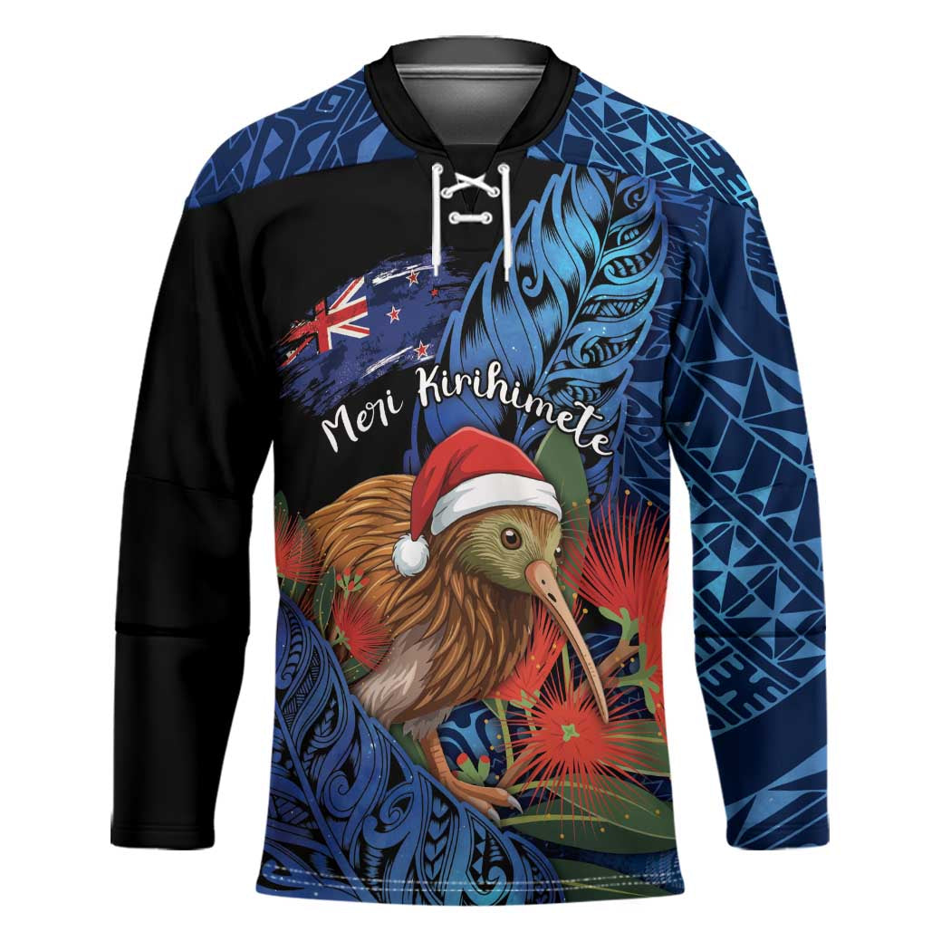 Personalised New Zealand Christmas Hockey Jersey Santa Kiwi Bird With Pohutukawa Flowers - Polynesian Pride