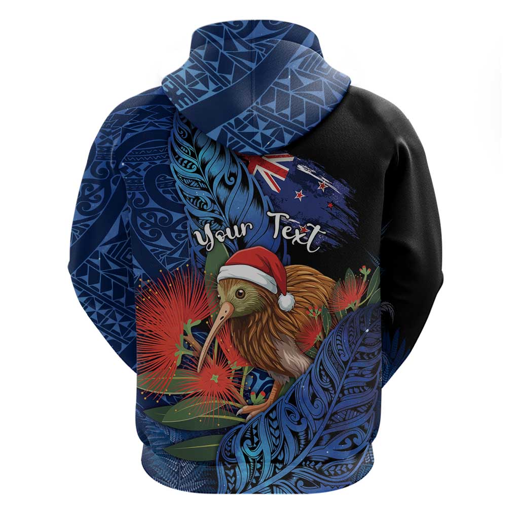 Personalised New Zealand Christmas Hoodie Santa Kiwi Bird With Pohutukawa Flowers - Polynesian Pride