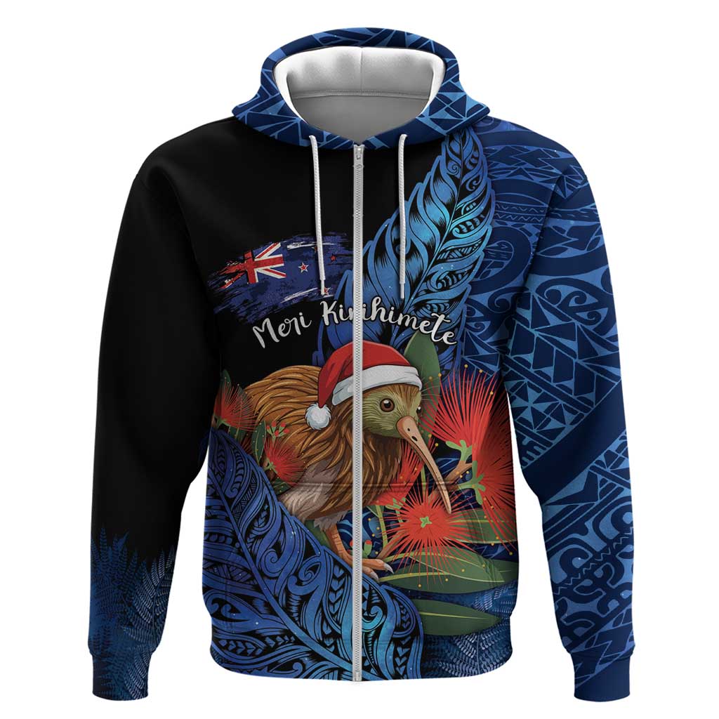 Personalised New Zealand Christmas Hoodie Santa Kiwi Bird With Pohutukawa Flowers - Polynesian Pride