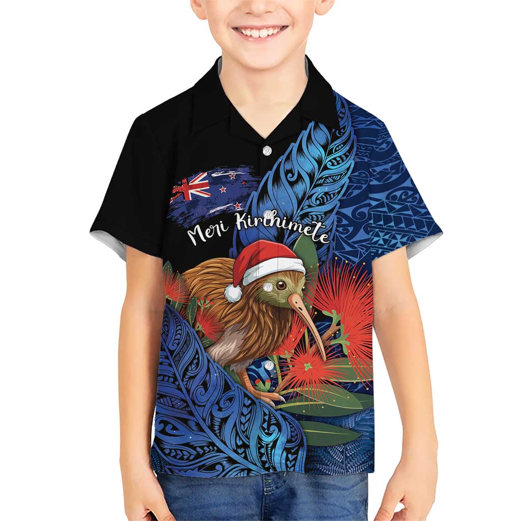Personalised New Zealand Christmas Kid Hawaiian Shirt Santa Kiwi Bird With Pohutukawa Flowers - Polynesian Pride