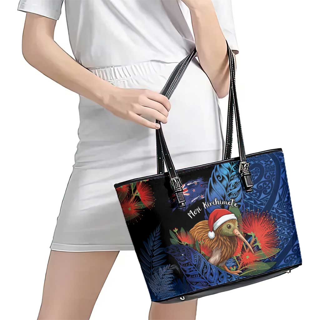 New Zealand Christmas Leather Tote Bag Santa Kiwi Bird With Pohutukawa Flowers - Polynesian Pride