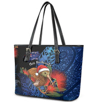 New Zealand Christmas Leather Tote Bag Santa Kiwi Bird With Pohutukawa Flowers - Polynesian Pride