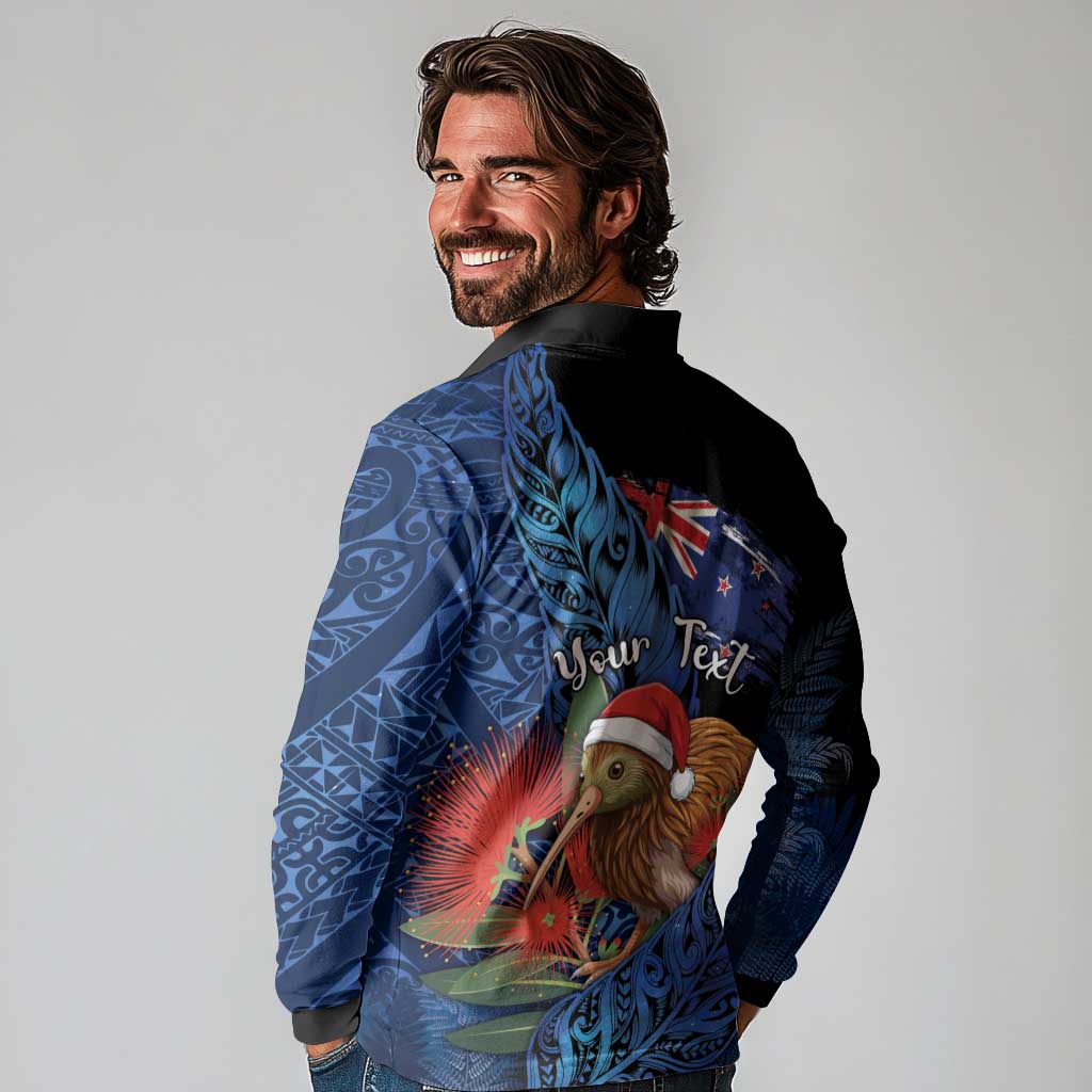 Personalised New Zealand Christmas Long Sleeve Polo Shirt Santa Kiwi Bird With Pohutukawa Flowers - Polynesian Pride