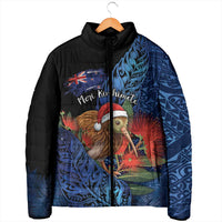 Personalised New Zealand Christmas Padded Jacket Santa Kiwi Bird With Pohutukawa Flowers - Polynesian Pride