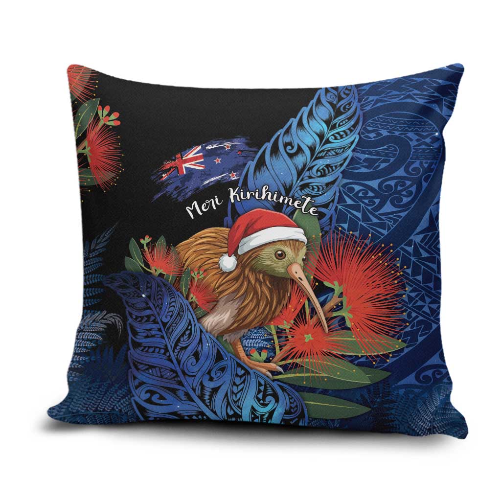 New Zealand Christmas Pillow Cover Santa Kiwi Bird With Pohutukawa Flowers - Polynesian Pride