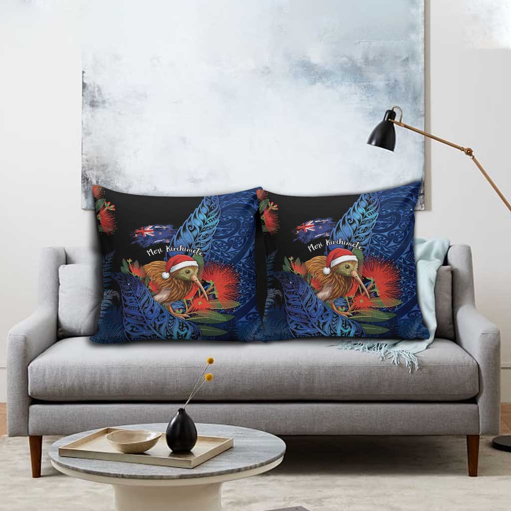 New Zealand Christmas Pillow Cover Santa Kiwi Bird With Pohutukawa Flowers - Polynesian Pride