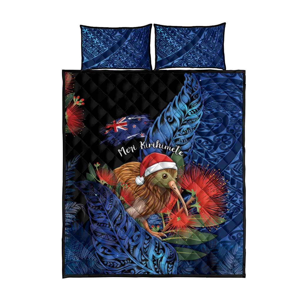 New Zealand Christmas Quilt Bed Set Santa Kiwi Bird With Pohutukawa Flowers - Polynesian Pride