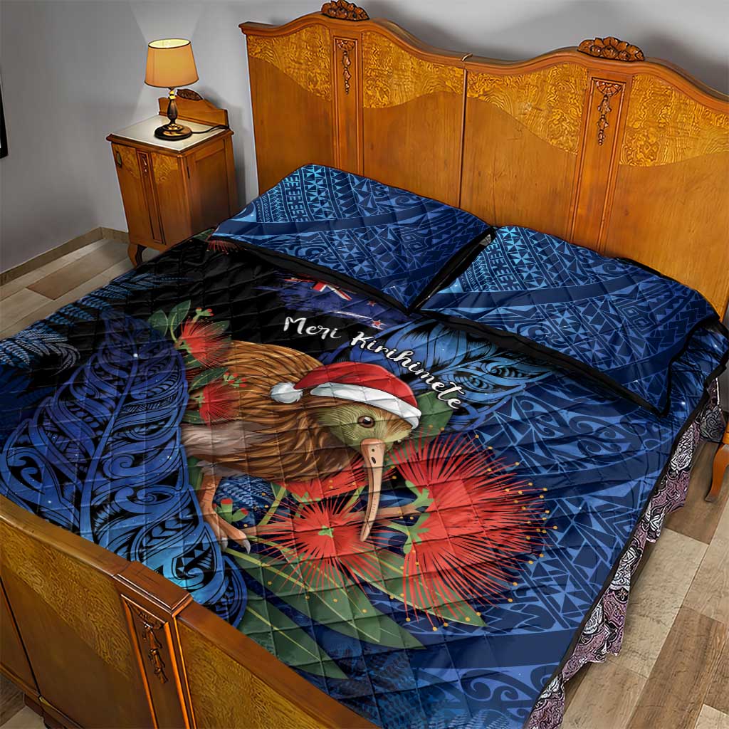 New Zealand Christmas Quilt Bed Set Santa Kiwi Bird With Pohutukawa Flowers - Polynesian Pride