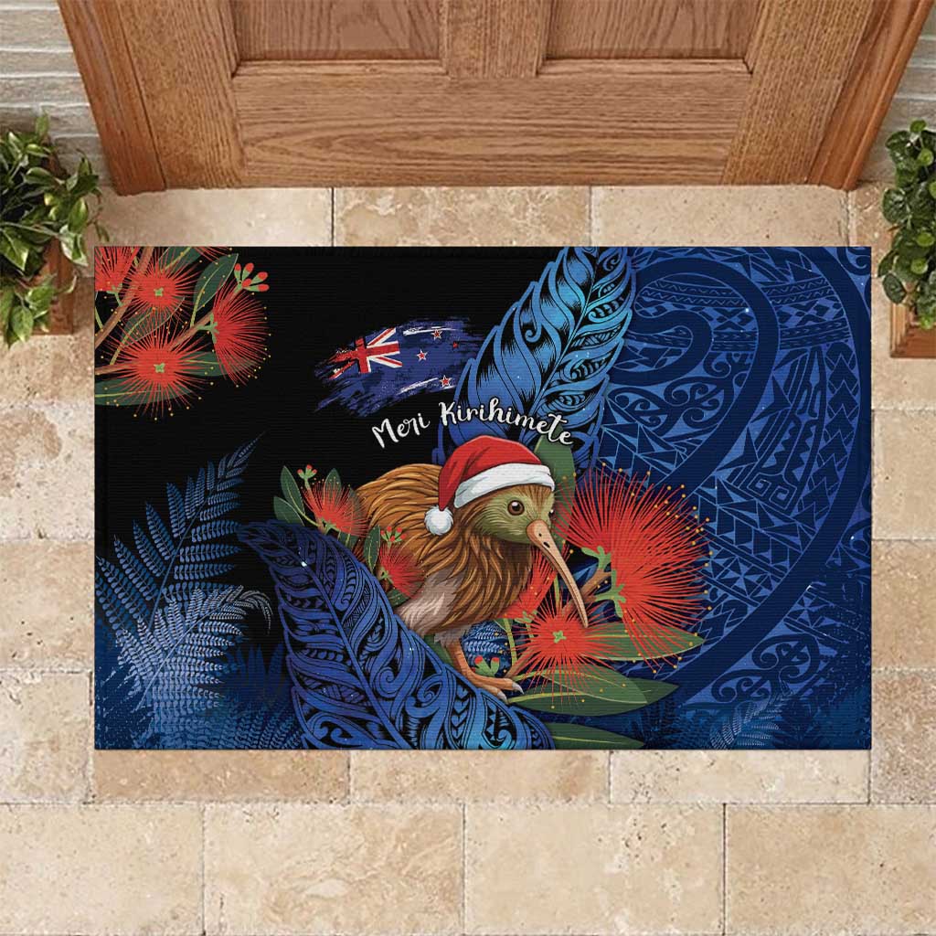 New Zealand Christmas Rubber Doormat Santa Kiwi Bird With Pohutukawa Flowers - Polynesian Pride