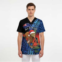 Personalised New Zealand Christmas Scrub Top Santa Kiwi Bird With Pohutukawa Flowers - Polynesian Pride