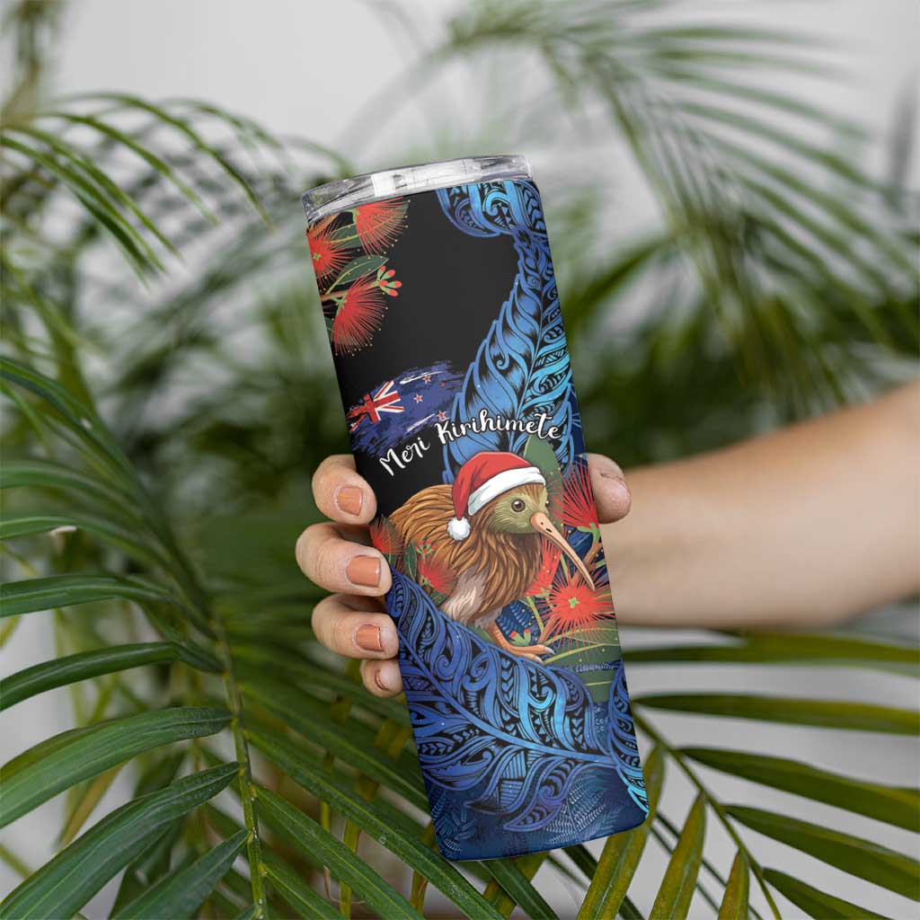 Personalised New Zealand Christmas Skinny Tumbler Santa Kiwi Bird With Pohutukawa Flowers - Polynesian Pride