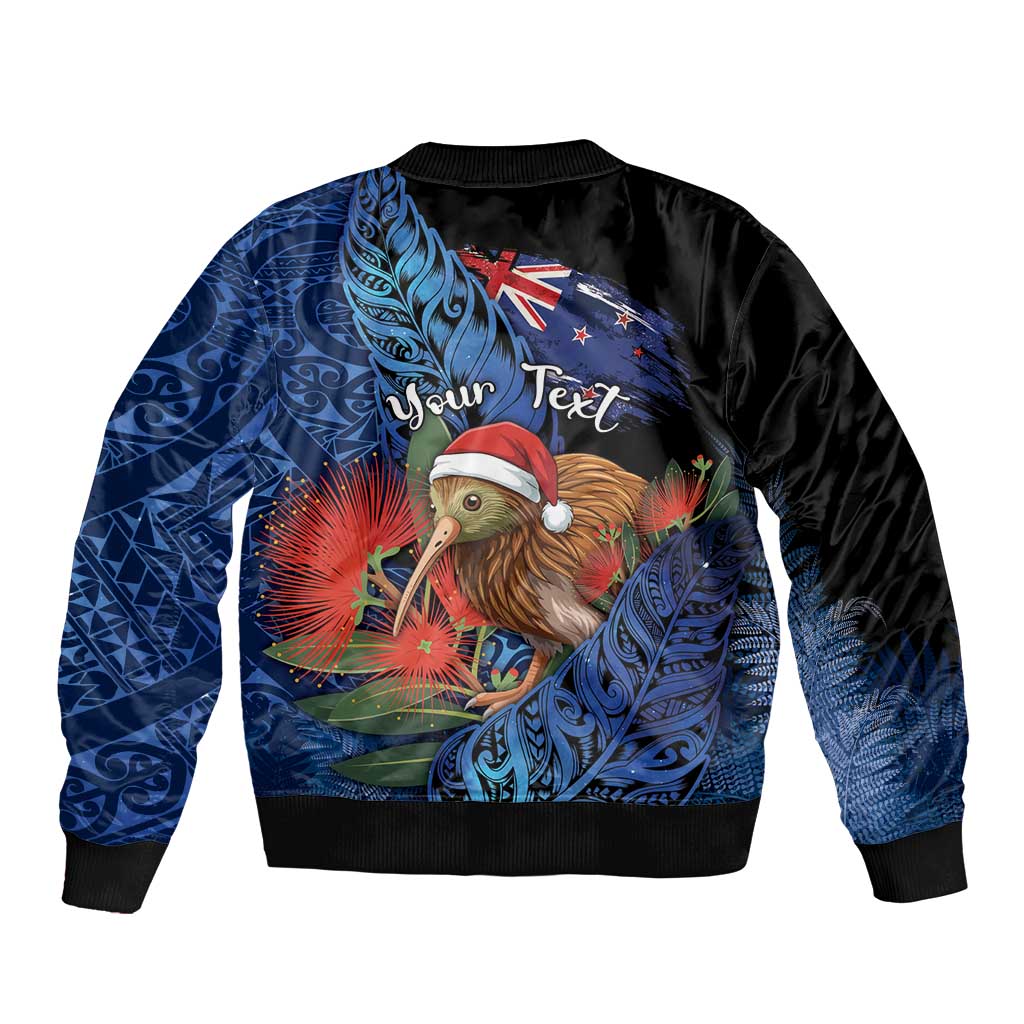 Personalised New Zealand Christmas Sleeve Zip Bomber Jacket Santa Kiwi Bird With Pohutukawa Flowers - Polynesian Pride