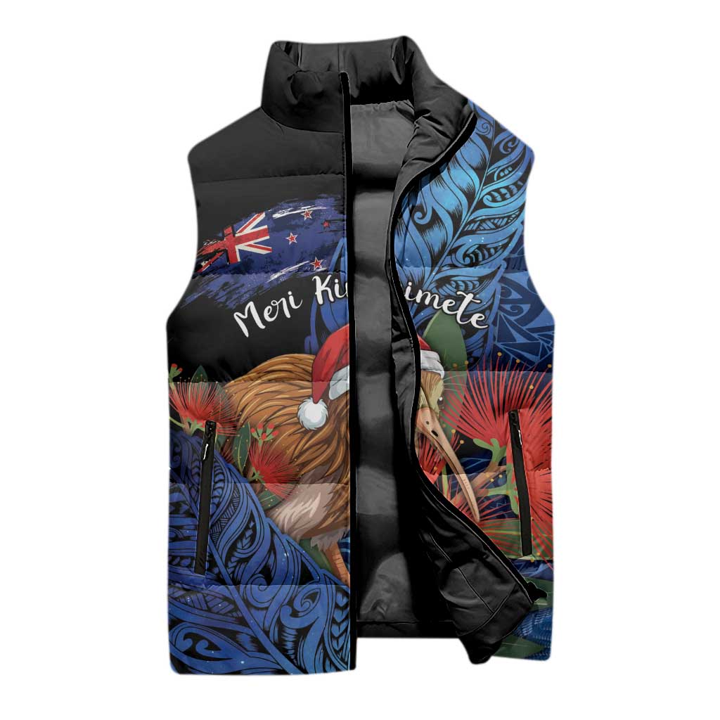 Personalised New Zealand Christmas Sleeveless Puffer Jacket Santa Kiwi Bird With Pohutukawa Flowers - Polynesian Pride