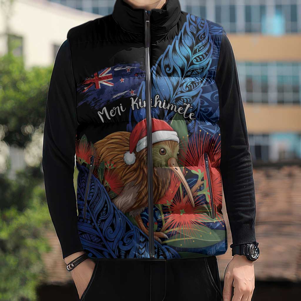 Personalised New Zealand Christmas Sleeveless Puffer Jacket Santa Kiwi Bird With Pohutukawa Flowers - Polynesian Pride