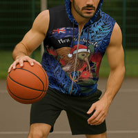 Personalised New Zealand Christmas Sleeveless Zip Hoodie Santa Kiwi Bird With Pohutukawa Flowers - Polynesian Pride