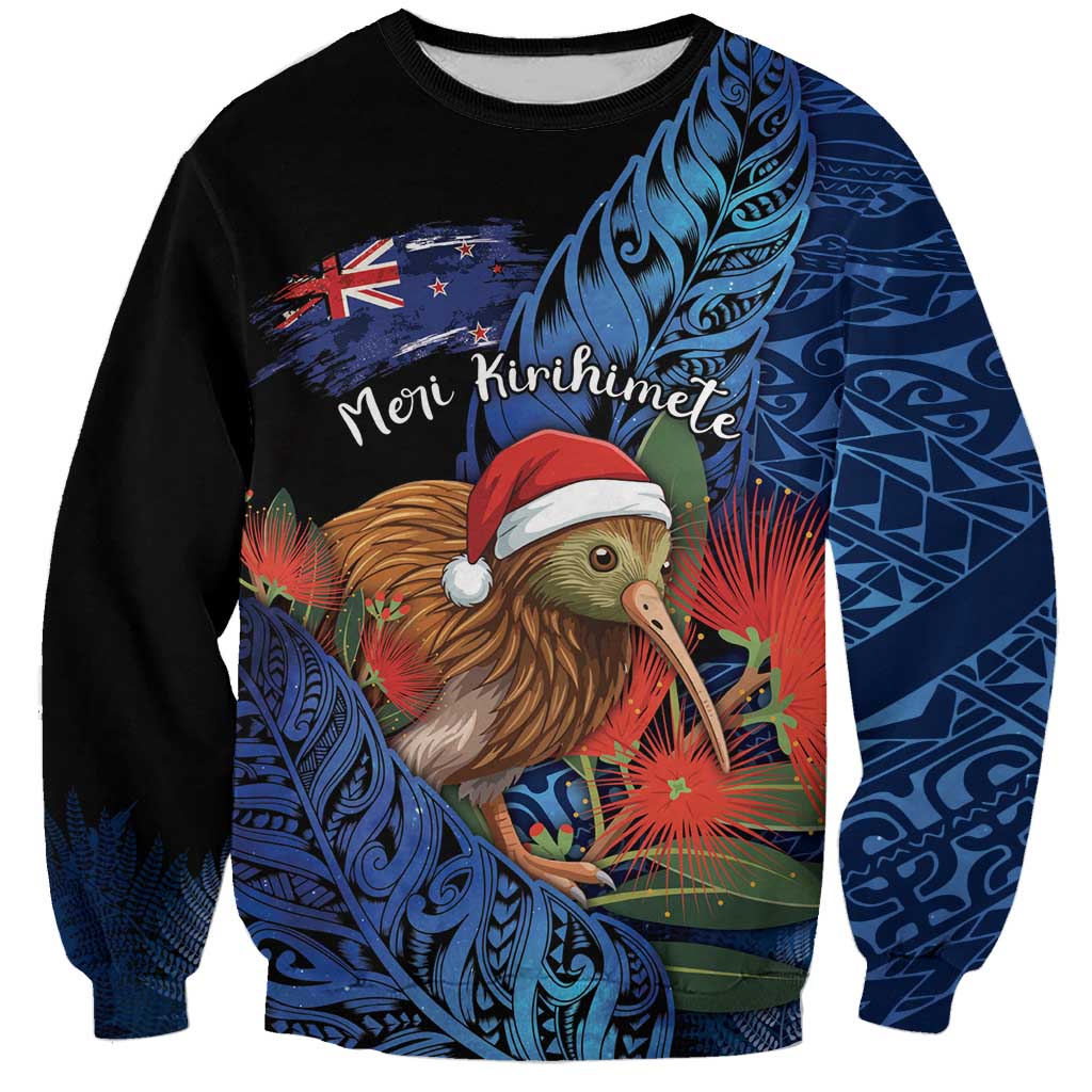 Personalised New Zealand Christmas Sweatshirt Santa Kiwi Bird With Pohutukawa Flowers - Polynesian Pride
