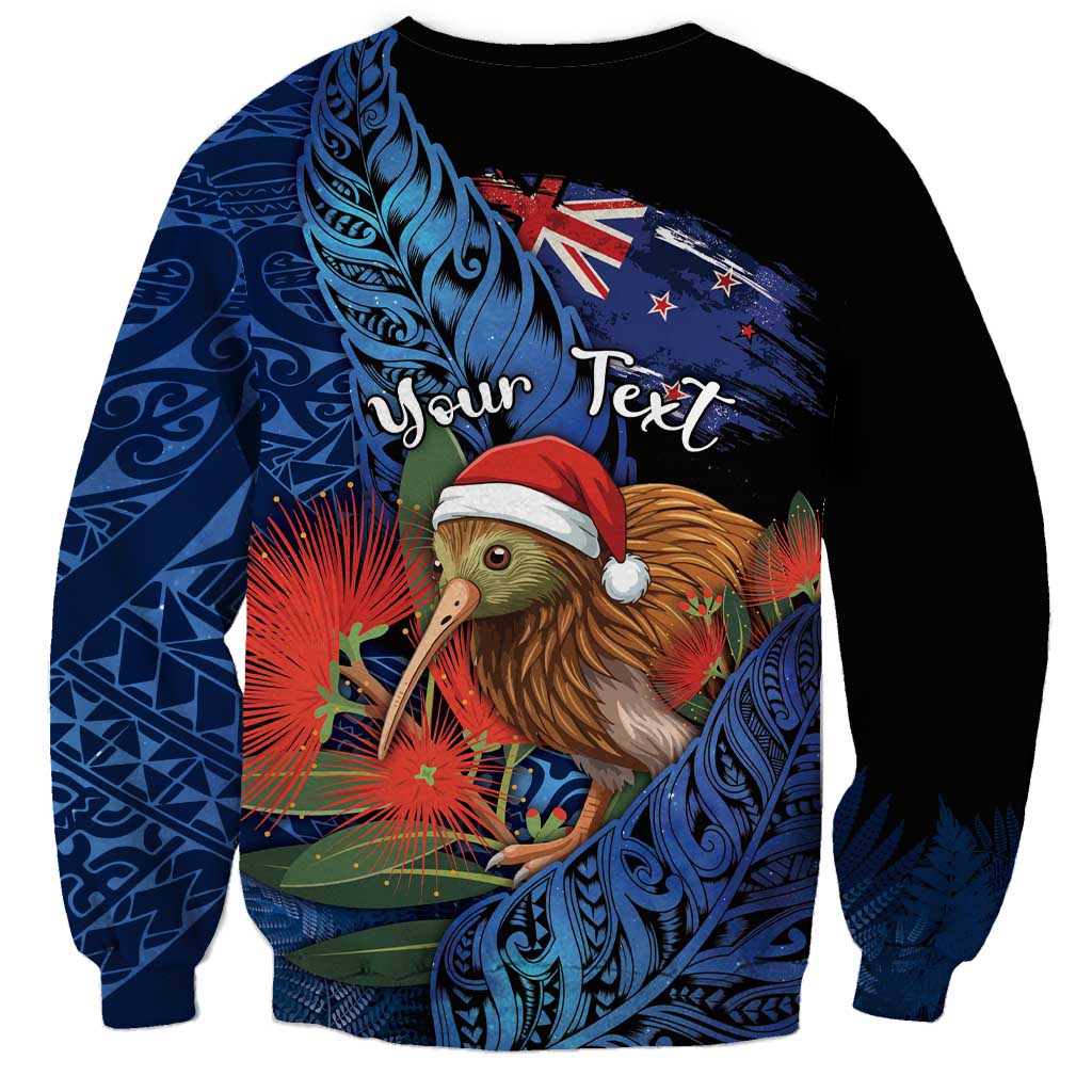 Personalised New Zealand Christmas Sweatshirt Santa Kiwi Bird With Pohutukawa Flowers - Polynesian Pride