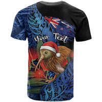 Personalised New Zealand Christmas T Shirt Santa Kiwi Bird With Pohutukawa Flowers - Polynesian Pride